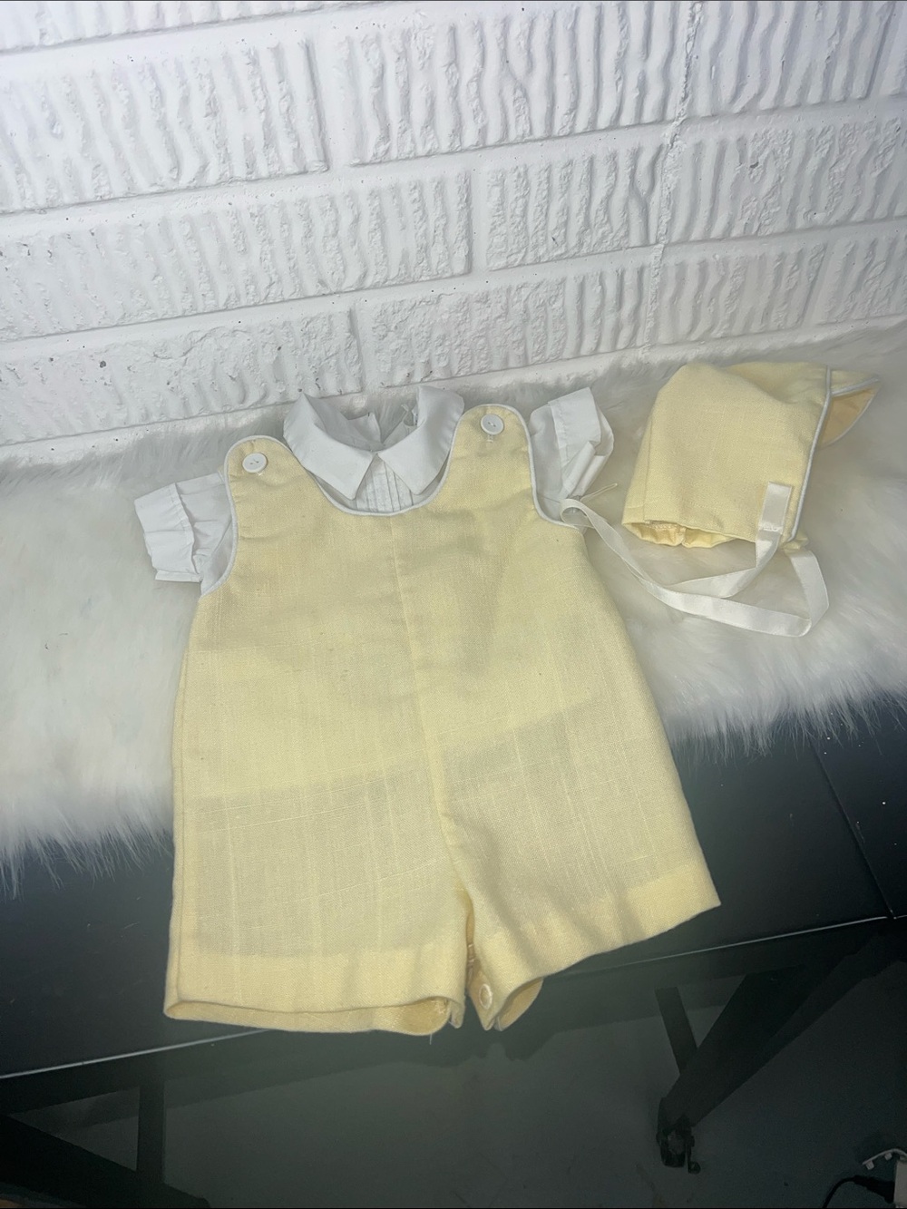 Vintage Alexis Yellow Baby Romper with Matching Bonnet
